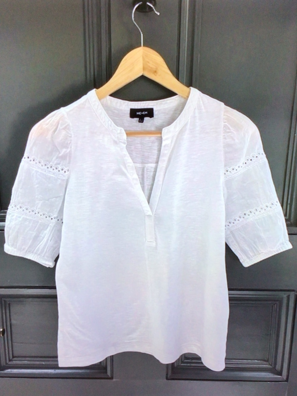 ME+EM White Eyelet Puff-Sleeve Split-Neck Blouse